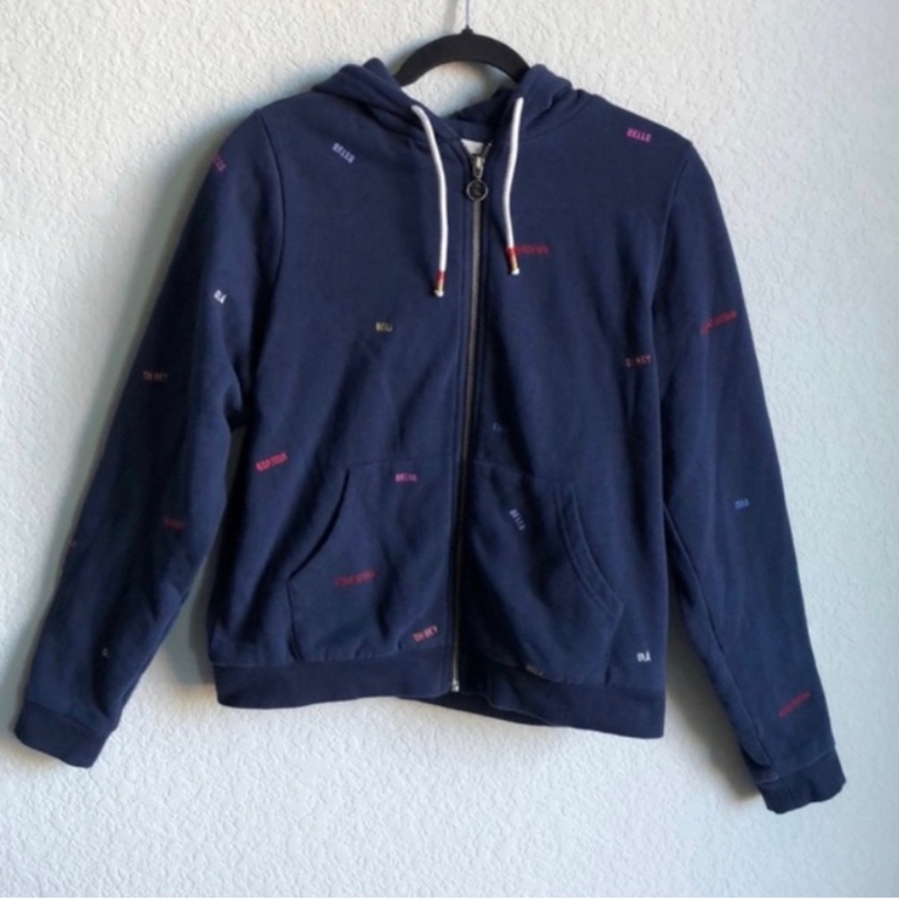 Marine Layer Signature Lined Hoodie Navy Blue Embroidered Hello Zip Cotton XS